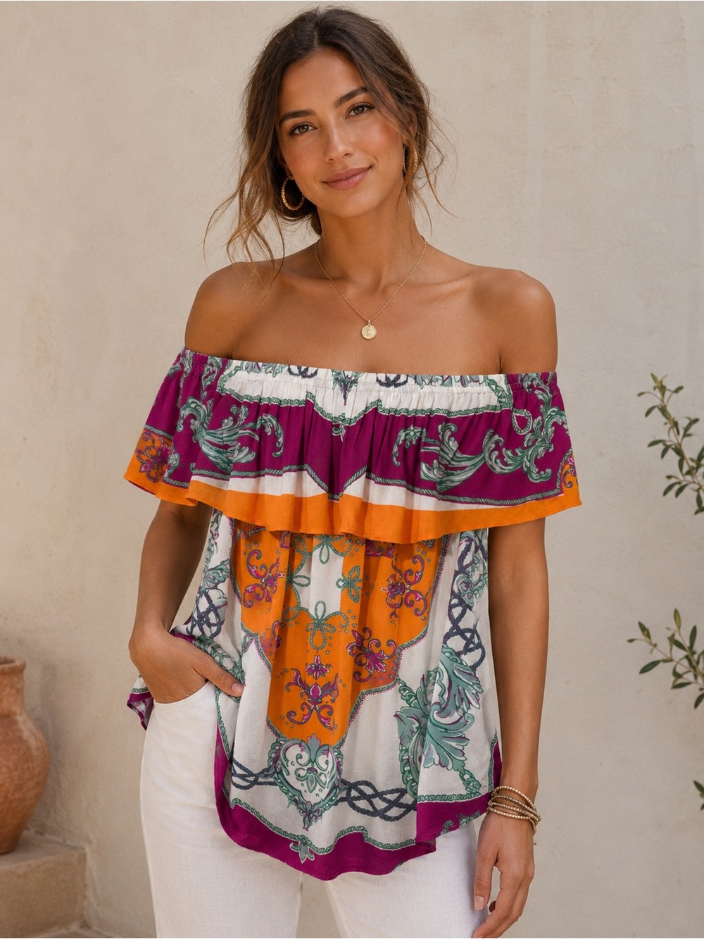 Hale Bob Off-the-Shoulder Ruffle Blouse | Silk Blend | Boho Print | Size S